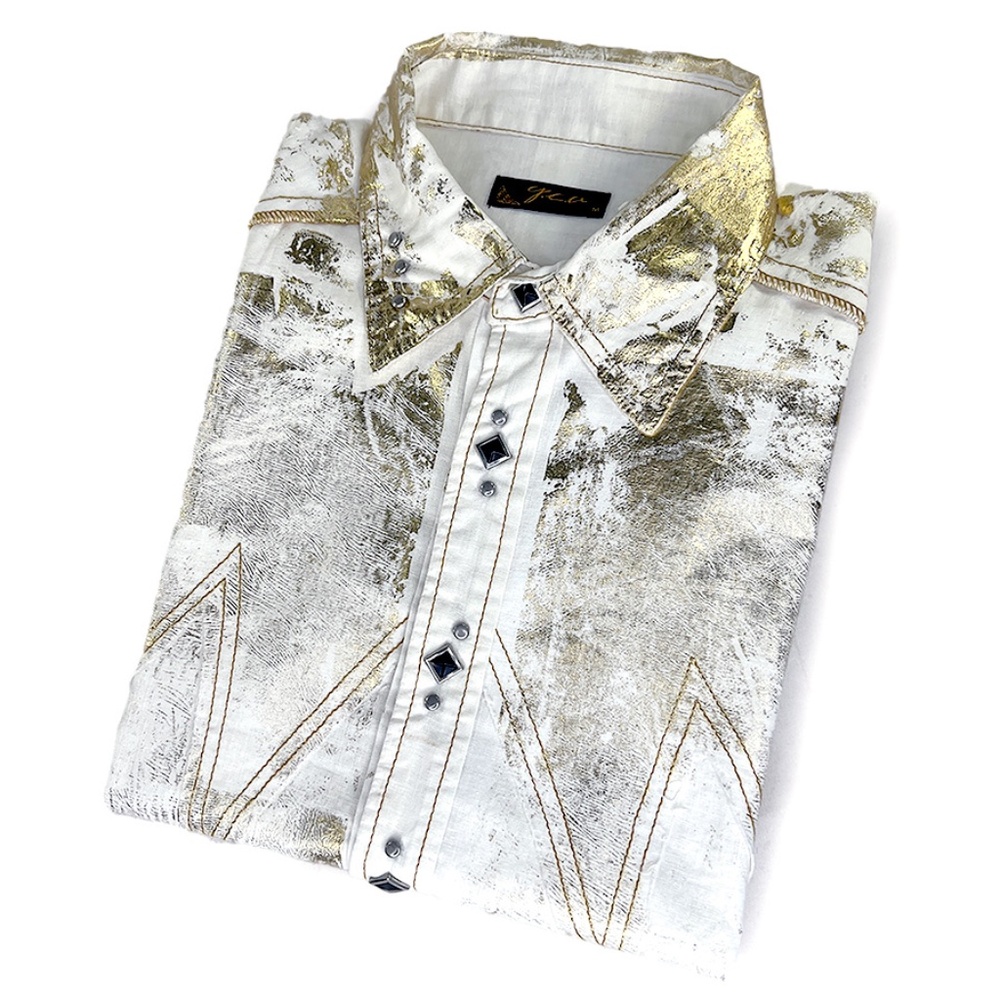 Men's Vintage White & Gold Sleeveless Snap-Front Shirt from Japan